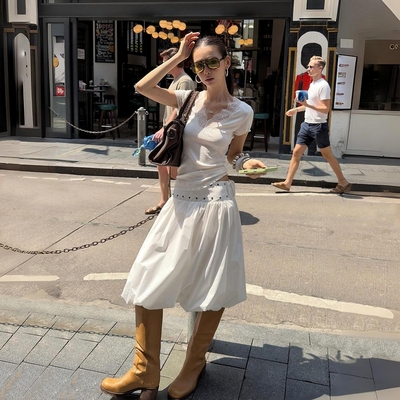 Monday JA 白色铆钉气球花苞迷笛裙女 夏季宽松时尚蓬蓬半身裙子