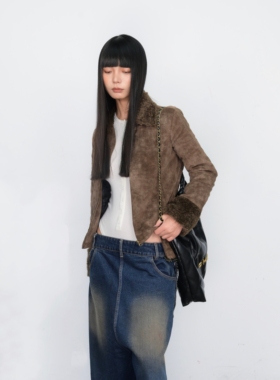 Monday JA 复古羊羔毛短款夹克上衣女秋冬季夹棉加厚修身猎装外套