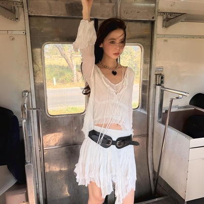 Monday JA 新品 甜辣网纱褶皱不规则短款半身裙女夏季显瘦中裙子