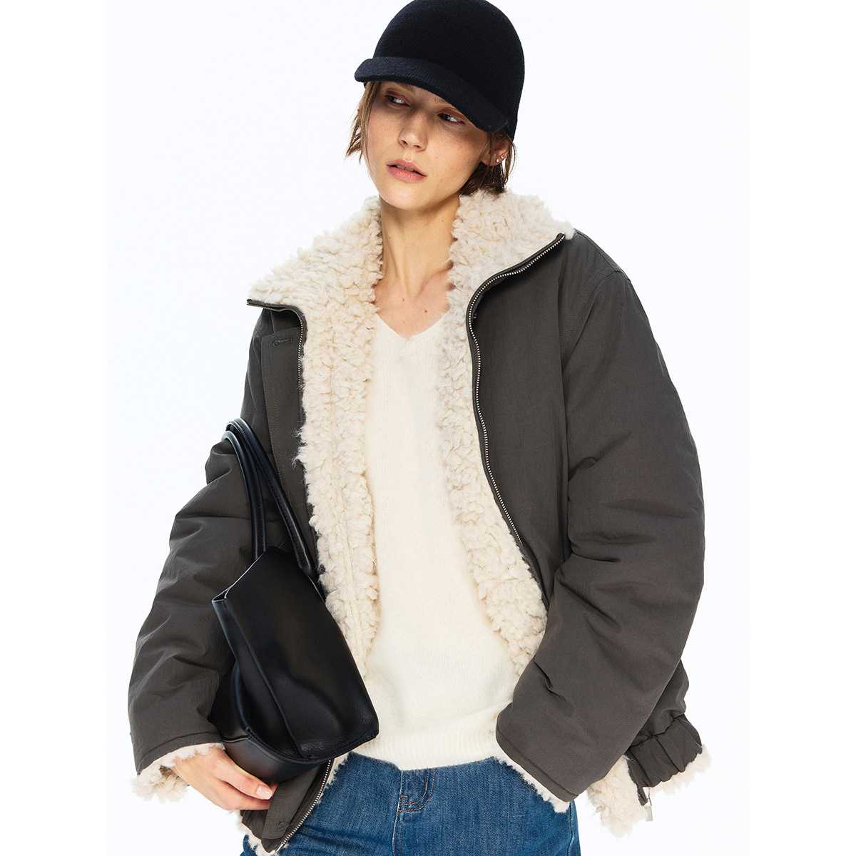 Monday JA 韩系立领撞色毛绒拼接棉服外套女冬季加厚保暖棉衣上衣
