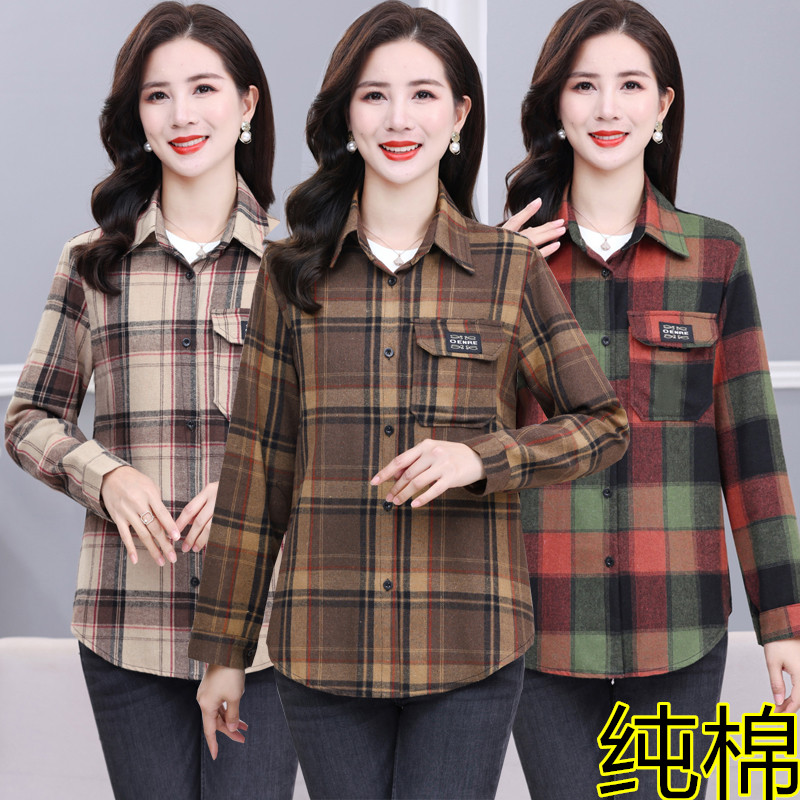 中老年夏女装格子全棉衬衫时尚纯棉衬衣长袖薄外套大码上衣2024潮