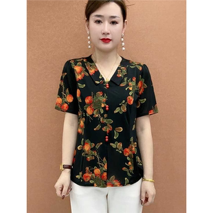 母親節(jié)媽媽裝 夏季 套頭彈力T恤 小衫 中老年娃娃領(lǐng)碎花短袖 新款 時(shí)尚