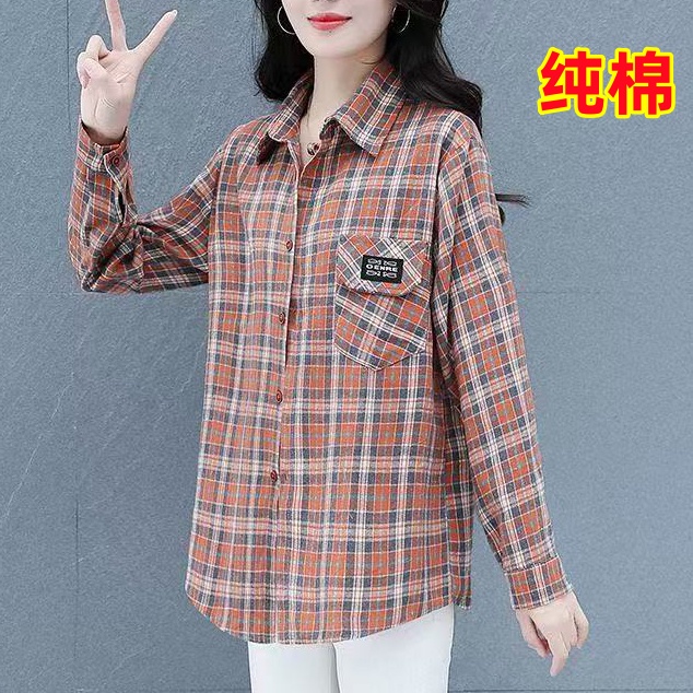 春夏秋季新款纯棉女士衬衫女长袖中年妈妈装春秋格子衬衣外套上衣