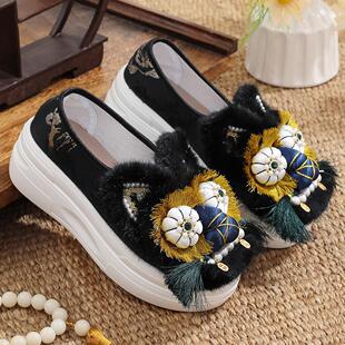 新品黑色白底虎头面厚底民族风舞蹈单鞋舒适透气圆头手工拖鞋秋季