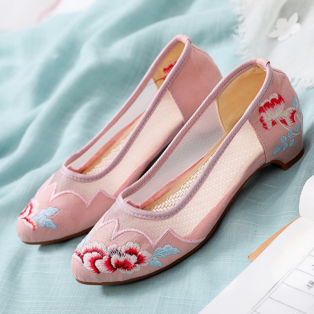 2025春夏优雅时尚民族风侧帮网纱鞋老北京牛筋底尖头旗袍绣花单鞋