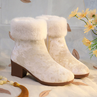 女冬新品 粗跟厚绒短筒休闲纯色素面布靴 侧拉链民族风老北京女布鞋