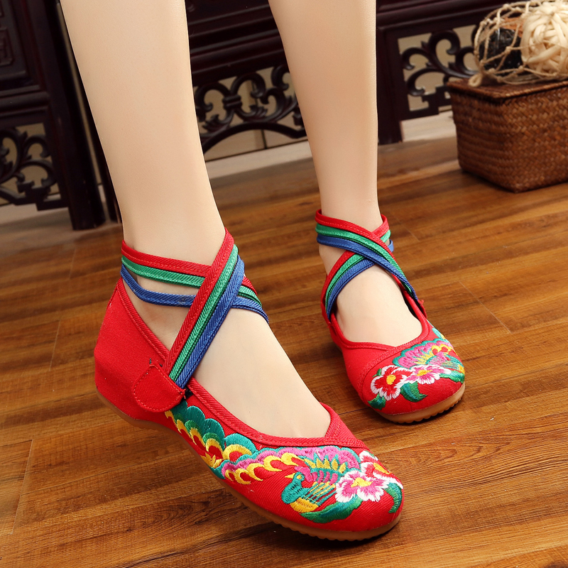 老北京七彩凤凰牛筋粘扣绣花鞋