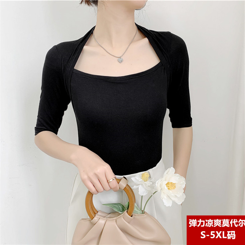 方领上衣弹力大码时尚小衫五分中袖复古典芭蕾形体舞蹈练功服女款