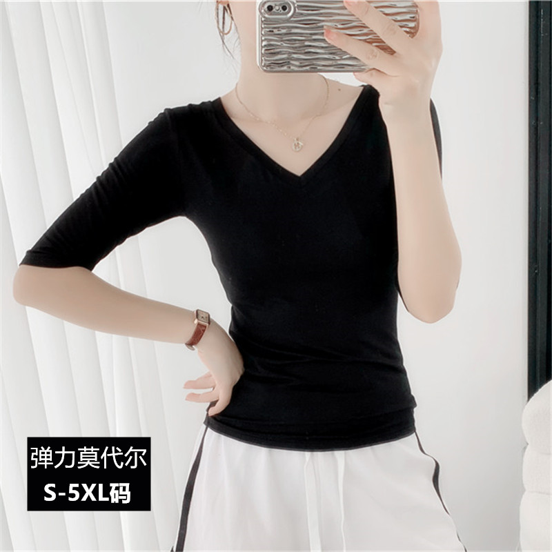 莫代尔五分中袖t恤女鸡心v领瑜伽舞蹈服上衣大码冰丝打底衫春夏季