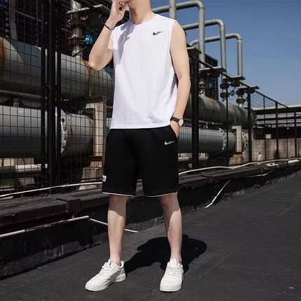 耐克顿纯棉运动套装男士夏季薄款潮牌透气休闲背心短裤帅气两件套