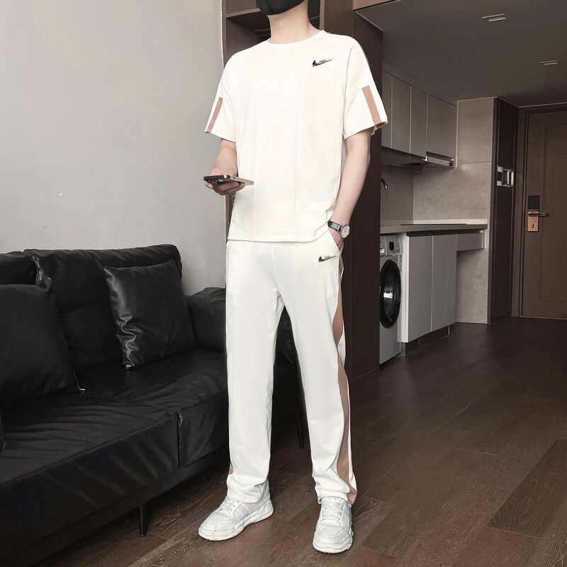 耐克顿休闲套装男士夏季薄款时尚潮流纯棉短袖长裤潮男一套搭配帅