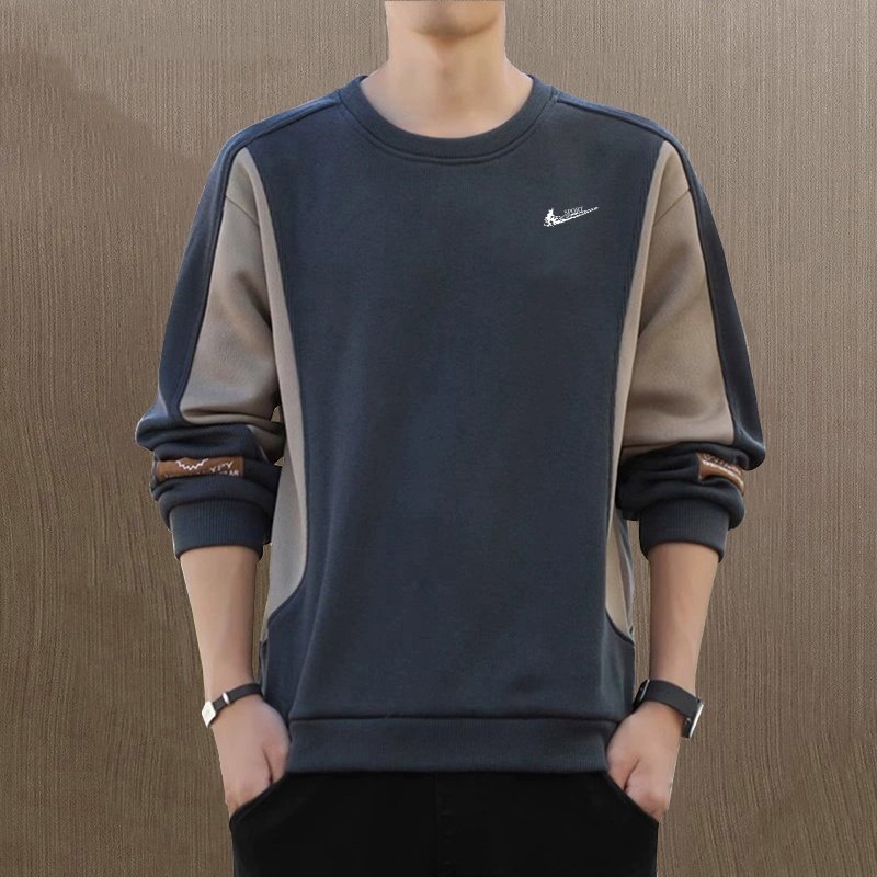 耐克顿男士卫衣2025秋季款宽松简约拼接长袖t恤休闲圆领加绒上衣