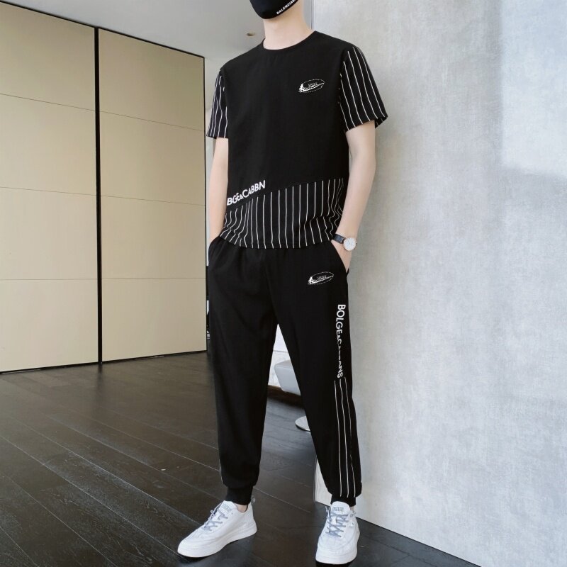 耐克顿休闲套装男士夏季新款时尚潮流圆领百搭条纹拼接帅气两件套