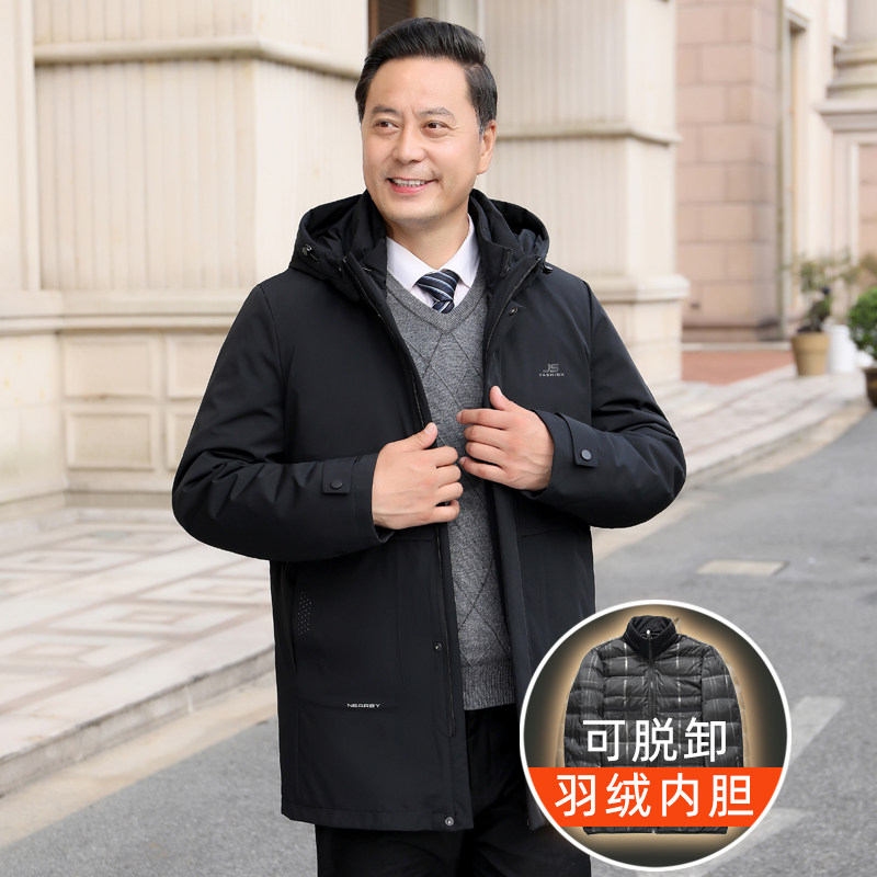 主推高品款！9901/P300爸爸羽绒服中老年中长款可脱内胆大版风衣图片