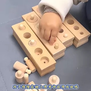 蒙氏教具圆柱体插座原木拼插类教具0-3岁蒙台梭利蒙特木制玩具