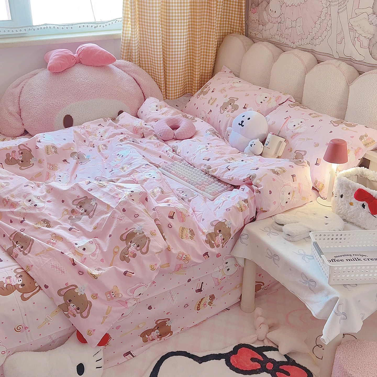 甜点兔纯棉四件套少女风三件套亲肤透气床品浅粉可爱床单被套卡通