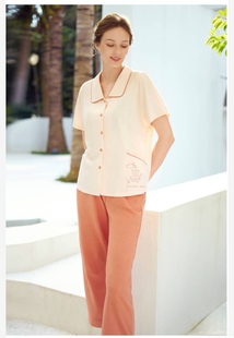 特惠伊维斯女舒适柔软全棉开襟短袖九分裤套装家居服睡衣10311149