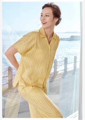 特惠伊维斯女舒适柔软条纹翻领短袖九分裤套装家居服睡衣10311158