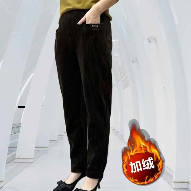 2024秋季条绒休闲裤子女哈伦裤冬季中老年小脚裤妈妈加绒老爹裤