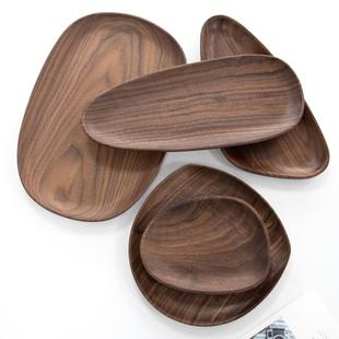 北美黑胡桃木托盘创意不规则实木盘无印风点心碟鹅卵石茶盘餐盘