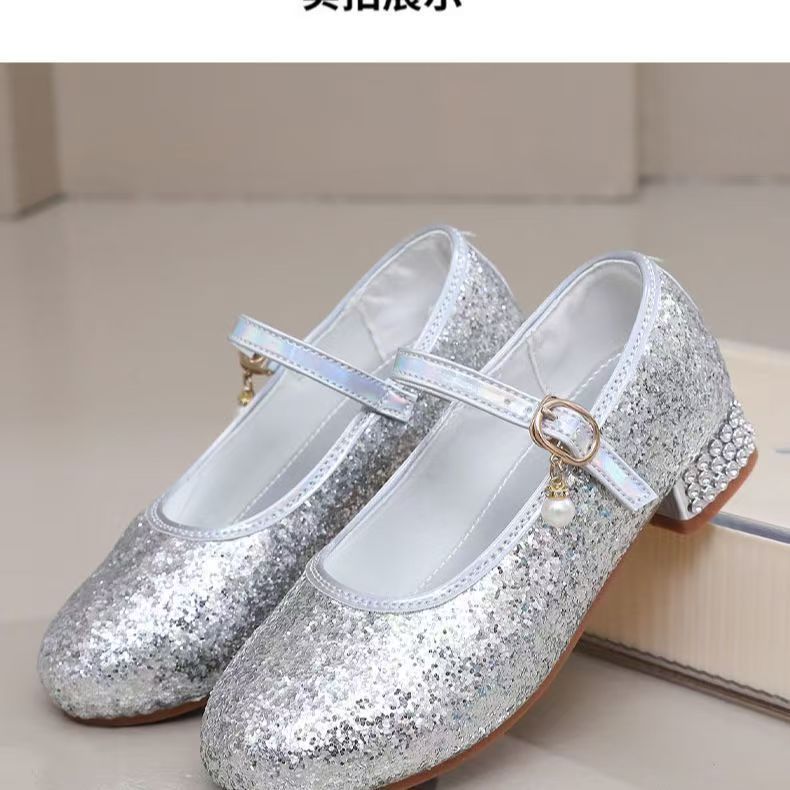 女童高跟鞋儿童银色表演鞋水晶鞋