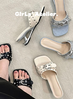 法式辣妹一字带露趾坡跟凉鞋女