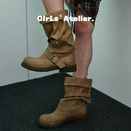张元英同款皮带扣套筒堆堆靴女