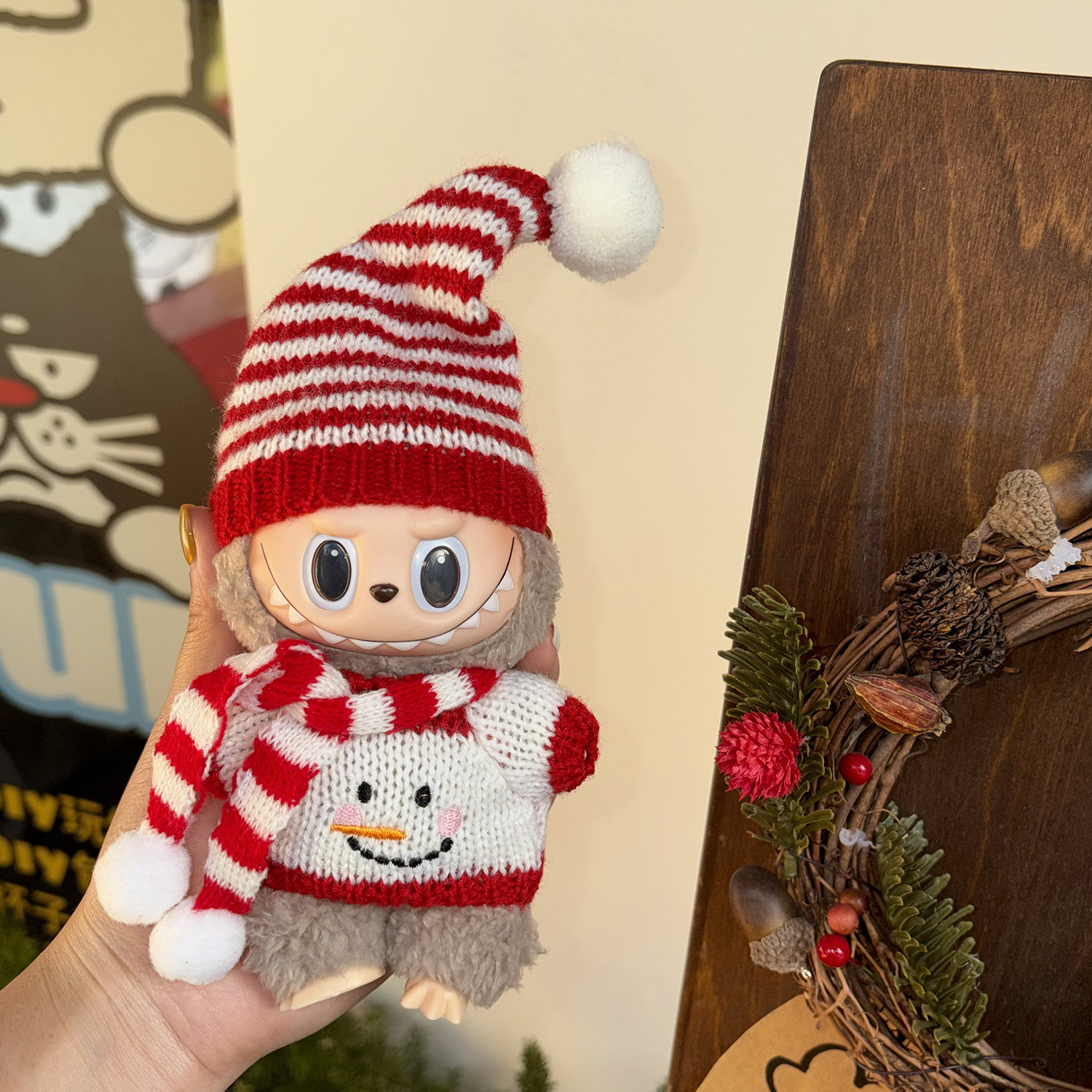 原创！拉布布一二三代通用娃衣labubu冬日雪人圣诞娃衣钩针手工