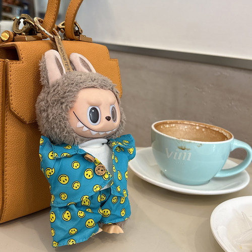 原创！拉布布一二三代通用娃衣labubu度假风沙滩蓝色满印笑脸套装