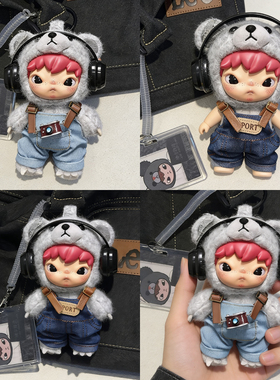 小野Hirono娃衣公路日志系列搪胶毛绒公仔灰色砾石背带裤耳机套装