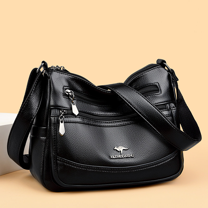 品牌正品真皮女包大容量多层斜挎包女士黑色软牛皮妈妈婆婆单肩包