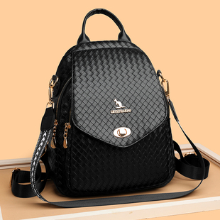 威森袋鼠真皮牛皮编织双肩包女2026新款大容量通勤背包休闲旅行包