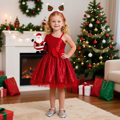 女童生日礼服红色亮片斜肩长袖