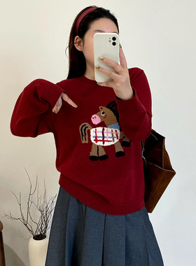 大码女装圆领提花小马毛衣女宽松慵懒上衣2025冬胖mm针织衫23688