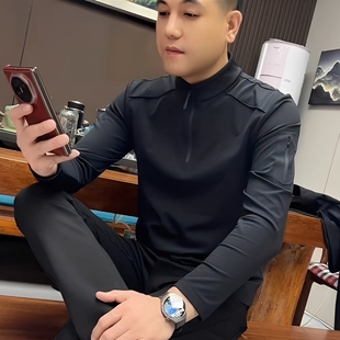 秋冬新款男士时尚休闲都市百搭潮流爆款立领加绒长袖T恤
