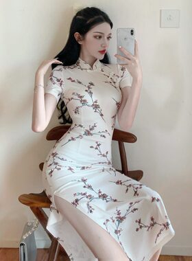 夏装复古风印花短袖开叉包臀旗袍