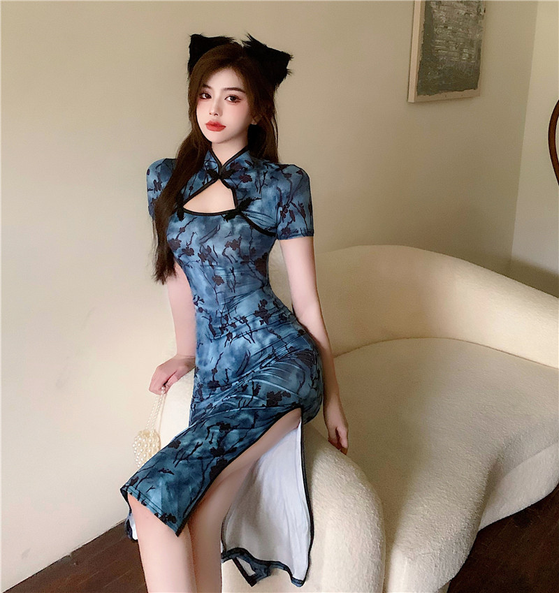 花色中长款开叉无袖改良旗袍女包臀性感气质日常工作服俩用连衣裙
