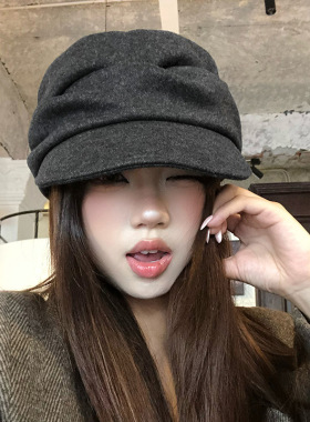 日系山本风黑色褶皱贝雷帽女秋冬季显脸小马术帽复古云朵八角帽子