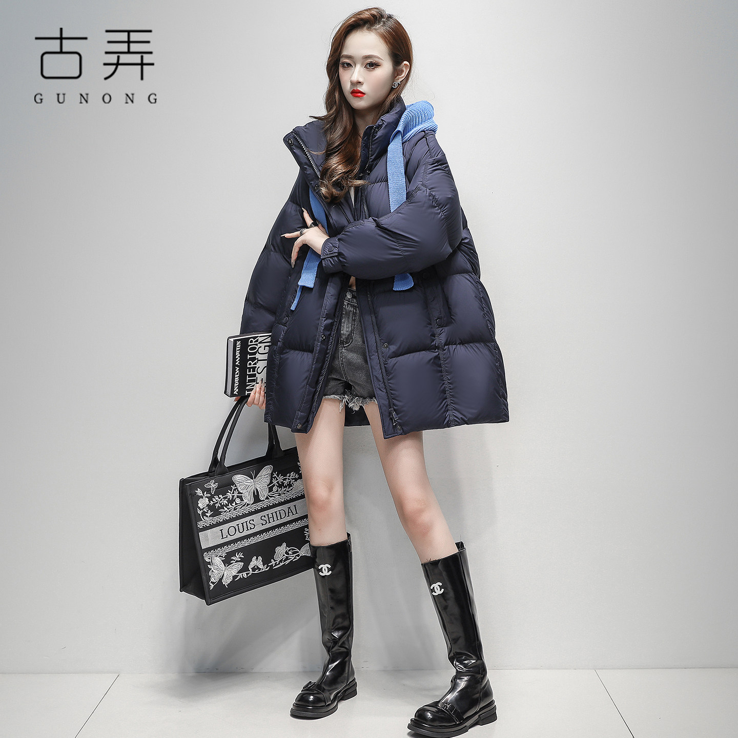 时尚潮牌中长茧型羽绒服2025冬季新款百搭针织可拆卸帽泡芙厚外套