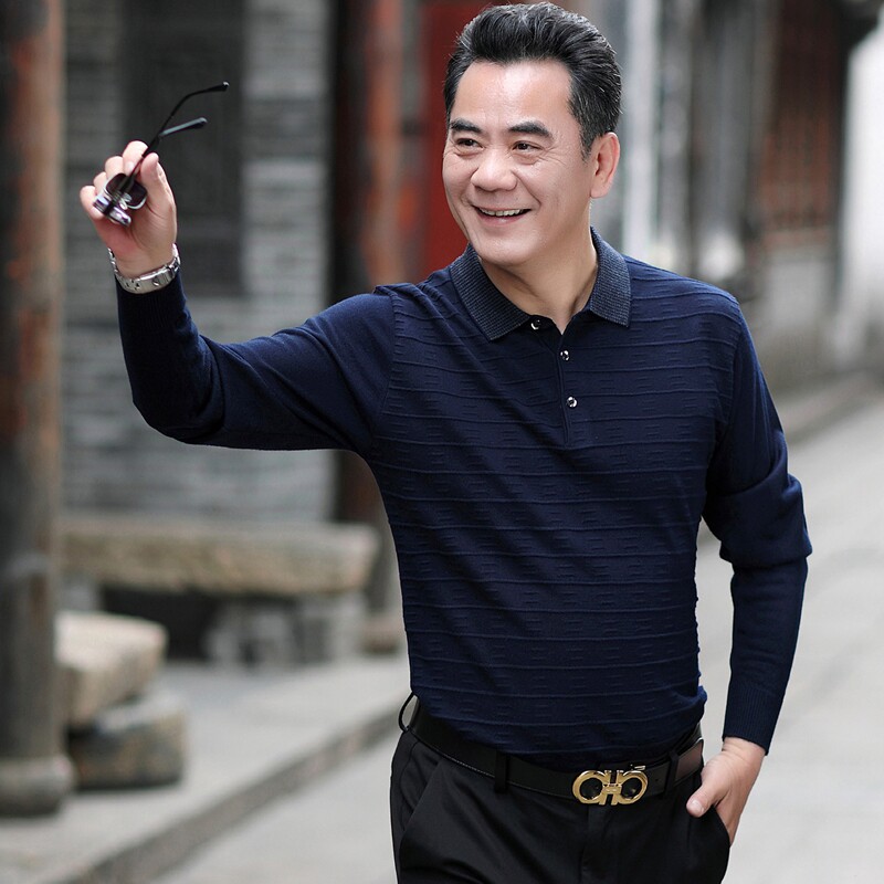 爸爸长袖t恤中年男装上衣中老年男士春秋季上衣服老人针织打底衫