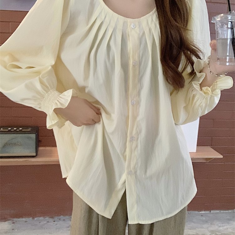 法式长袖衬衫女宽松遮肚皱褶上衣微胖休闲衬衣