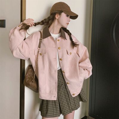 粉色麂皮绒工装外套女春秋2025新款甜美小个子学院风休闲夹克上衣