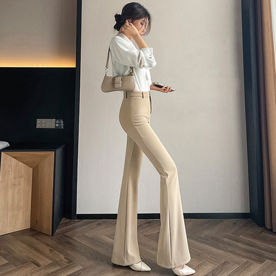 喇叭裤女2025春老钱卡其色高腰休闲西装裤修身显瘦弹力裤