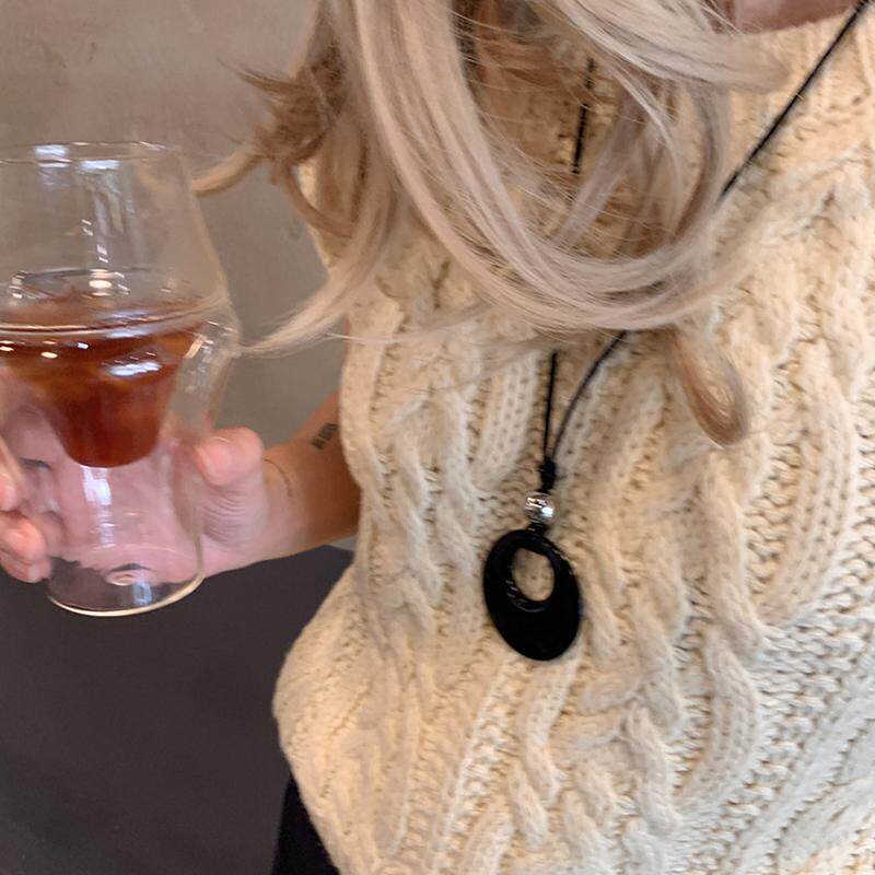 新中式黑曜石圆环项链女配饰长款 设计感毛衣链秋冬百搭黑色挂绳