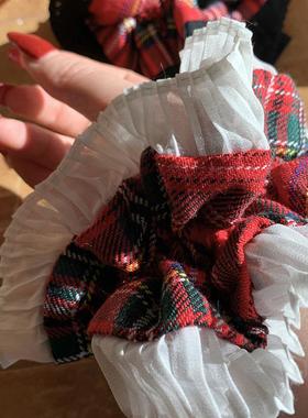 高级感洋气时尚圣诞红色格子百褶花边大肠发圈慵懒风低丸子头发圈