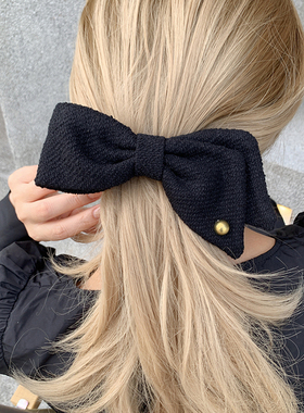 浓情秋冬 黑色粗呢不对称大蝴蝶结发夹女后脑勺 夹子头饰顶夹发箍