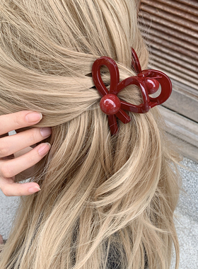 安哥拉红中号抓夹女高级感洋气时尚 蝴蝶结慵懒风半扎发鲨鱼夹