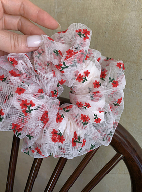 浪漫刺绣红色小花 特别好看的发圈大肠慵懒风高弹力扎头发发饰