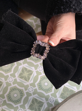 轻奢方形锆石 黑色丝绒大蝴蝶结顶夹发夹 法式优雅盘发弹簧夹发饰