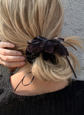 复古芭蕾风 黑色蝴蝶结丝绒大肠发圈扎头发头绳发饰2025正流行